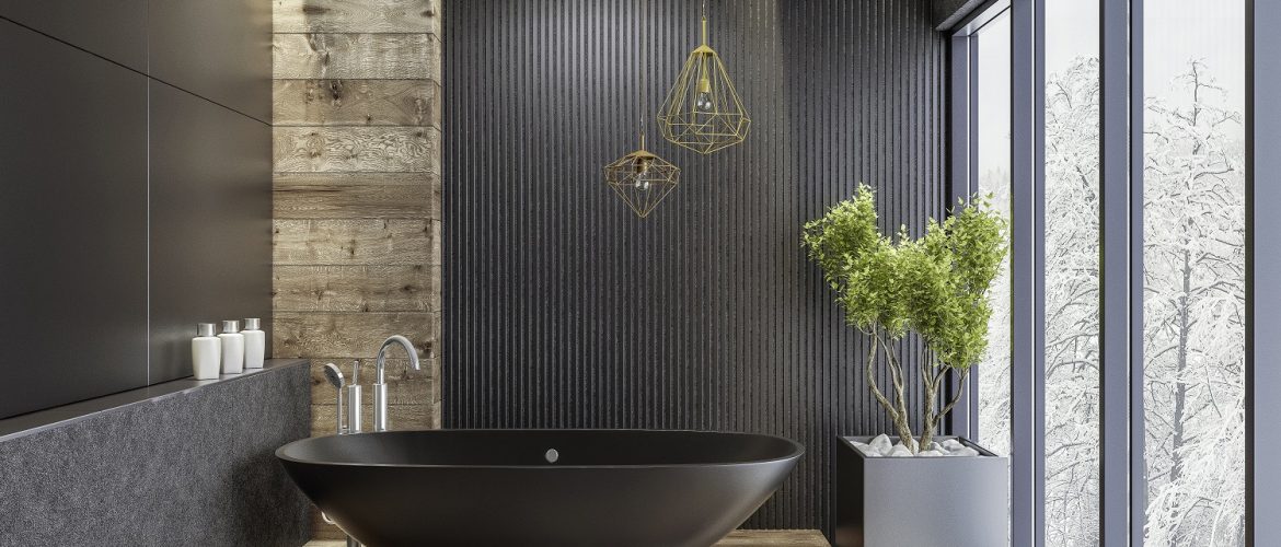 contemporary minimalist bathroom with black wooden walls and large grey matte and wood effect tiles. 
round mirror with wooden frame is on the wooden black wall. 
round grey stone washbasin and stainless steel basin tap is on top of the grey stone vanity unit with three drawers.
freestanding black stone bathtub and floor mounted inox tap is on a platform with wood effect tiles. 
long floor tiles with wood effect. black ceiling with strip cove lighting and embedded spotlights.

***background is my istock image