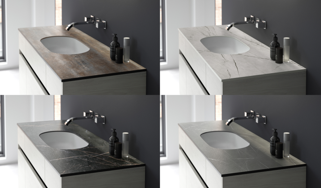 Bathroom-Review-Clockwise-from-top-left-Monet-Slate-Grey-Marble-Desert-Stone-and-Midnight-Onyx-new-12mm-compact-laminates-from-Utopia.