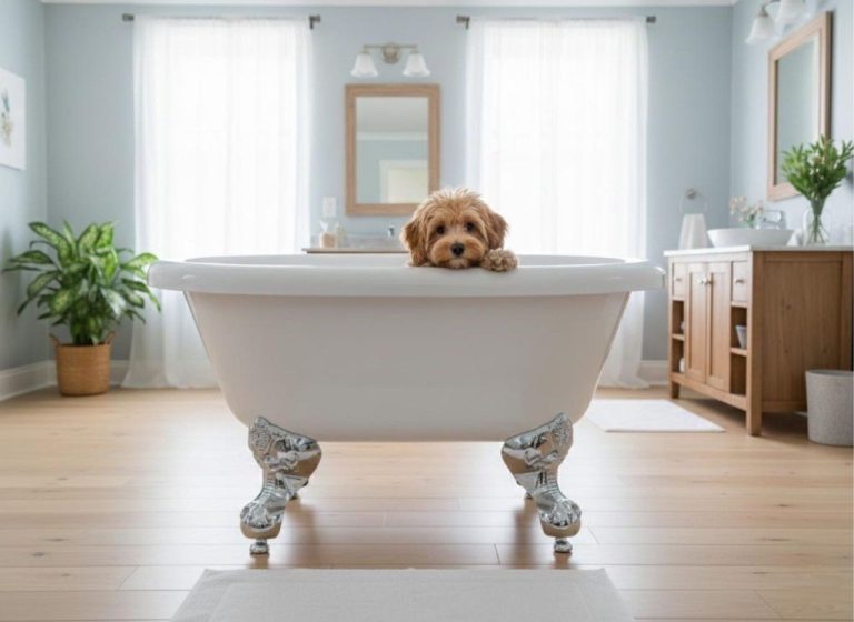 A pampered pooch in his own bath for doggies